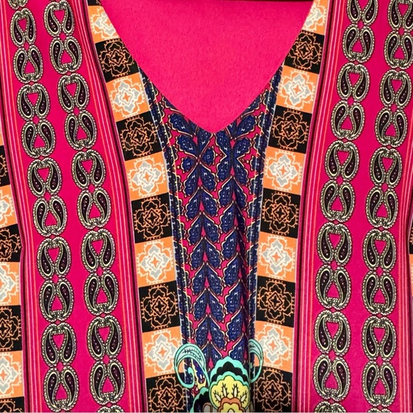 Nicole Miller Colorful Boho Paisley Print V-Neck 3/4 Length Bell Sleeve Dress - Picture 7 of 9